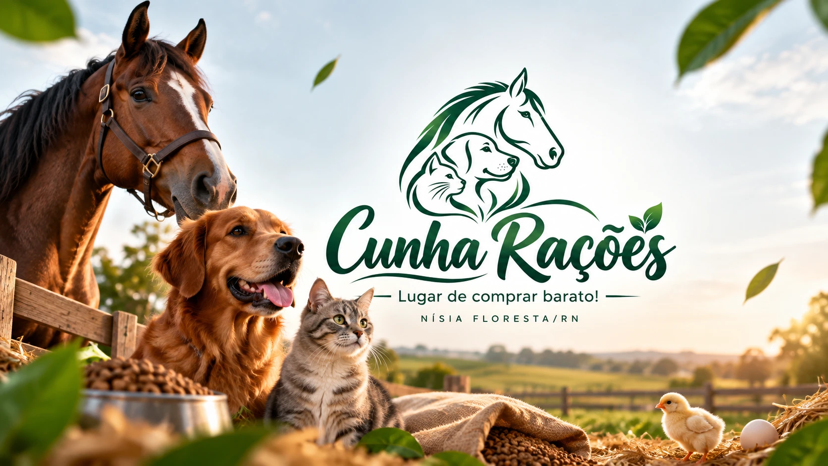 Cavalo, cachorro e gato numa fazenda ao pôr do sol, com o logo da Cunha Rações: Lugar de comprar barato! Nísia Floresta/RN